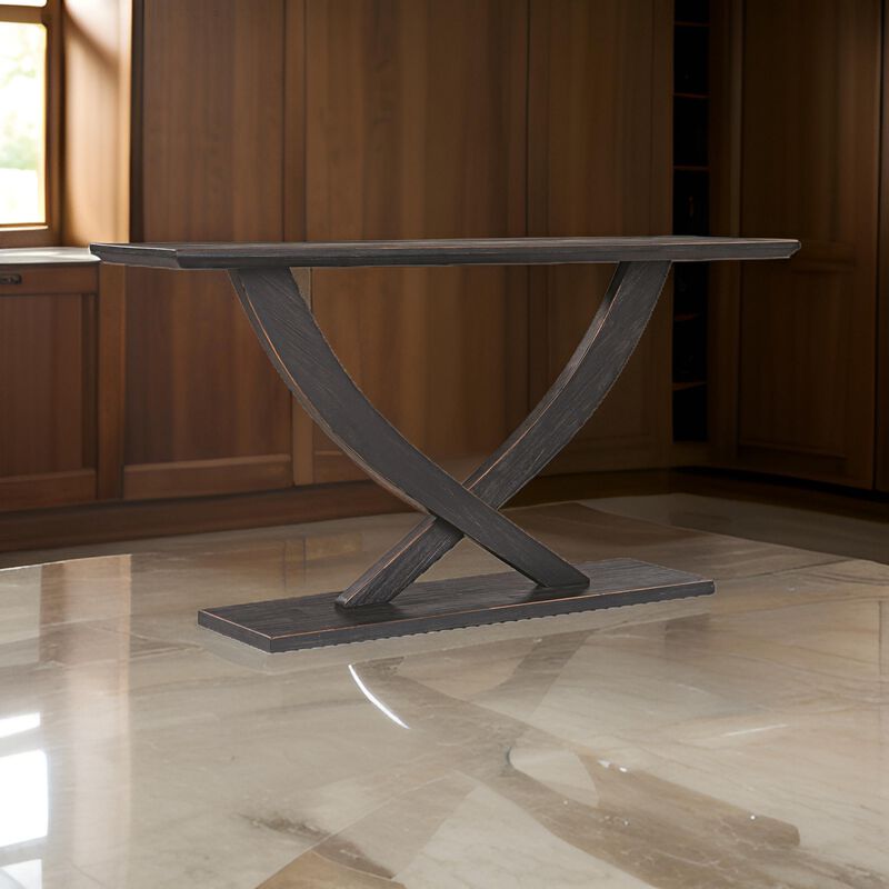 Rase 57 Inch Console Table, Cross Leg Design, Pedestal Base, Black Wood - Benzara