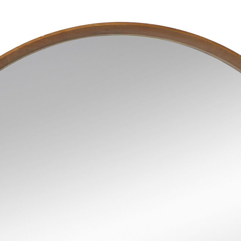 Roe 40 Inch Round Accent Mirror, Brown Pine Wood Frame, Wall Hung-Benzara
