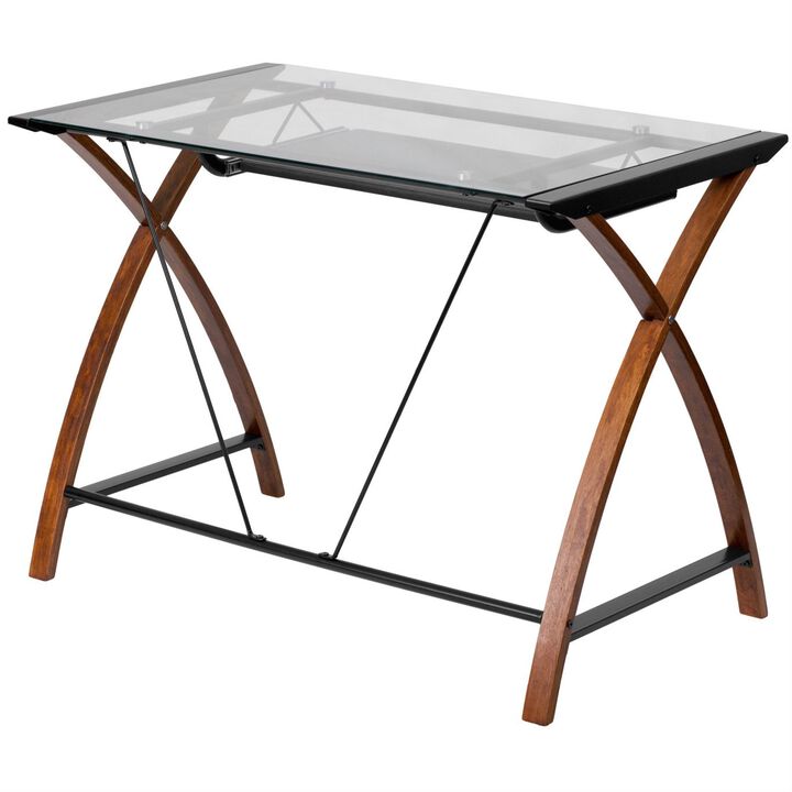 Hivvago Modern Cherry Finish Glass Top Writing Table Computer Desk with Keyboard Tray