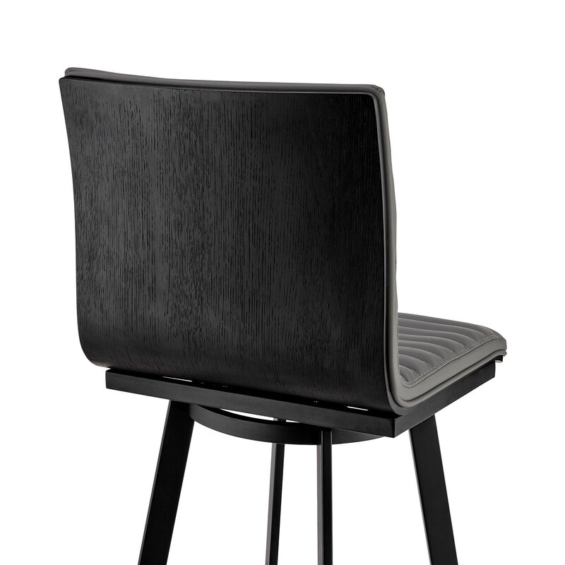 Nikole Bar Height Swivel Bar Stool in Matt Black Finish with Gray Faux Leather