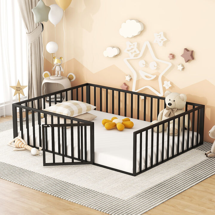 Streamdale Queen Size Metal Floor Bed Frame With Fence And Door