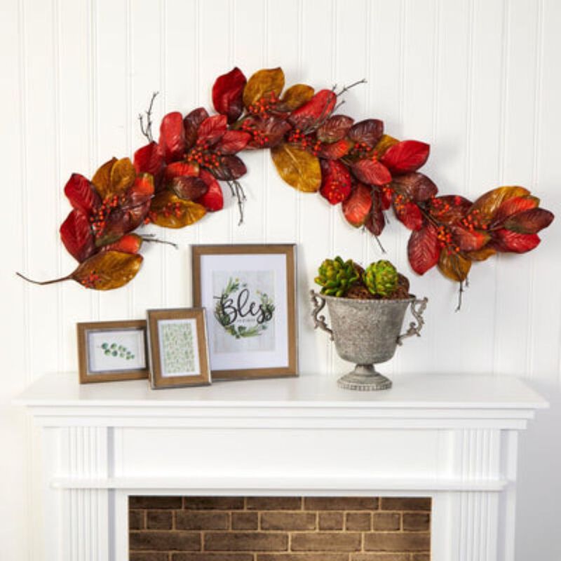 Hivvago 6' Autumn Magnolia Leaf with Berries Artificial Garland