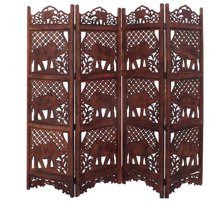 Hand Carved Elephant Design Foldable 4 Panel Wooden Room Divider, Brown-Benzara