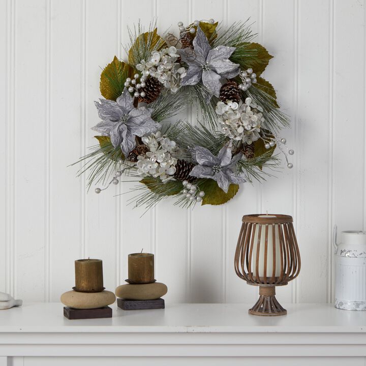 Hivvago 24" Silver Poinsettia, Hydrangea and Pinecones Artificial Christmas Wreath