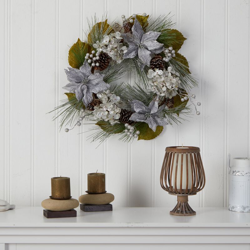 Hivvago 24" Silver Poinsettia, Hydrangea and Pinecones Artificial Christmas Wreath