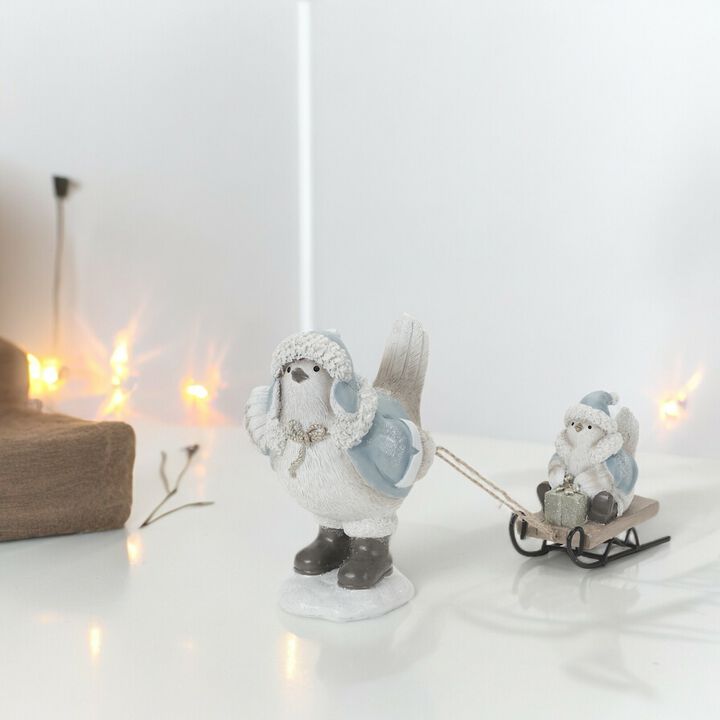 Bird with Sled Decorative Figurine for Holiday or Winter Garden Decor (Set of 2)