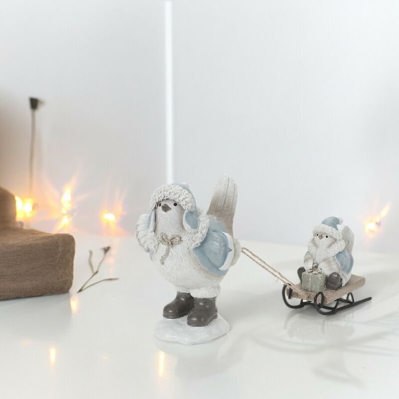 Bird with Sled Decorative Figurine for Holiday or Winter Garden Decor (Set of 2)