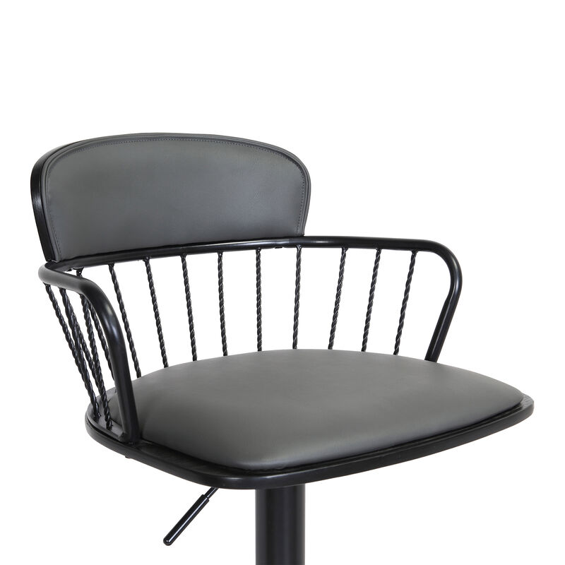 Nash Adjustable Black Wood Stool in Grey Faux Leather with Black Metal