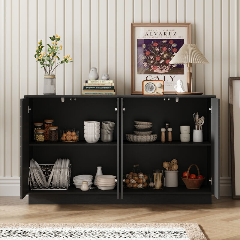 FUFU&GAGA Modern Black Sideboard Cabinet with 4 Doors, Adjustable Shelves, Engineered Wood (55.1" W x 15.7" D x 31.5" H), Black