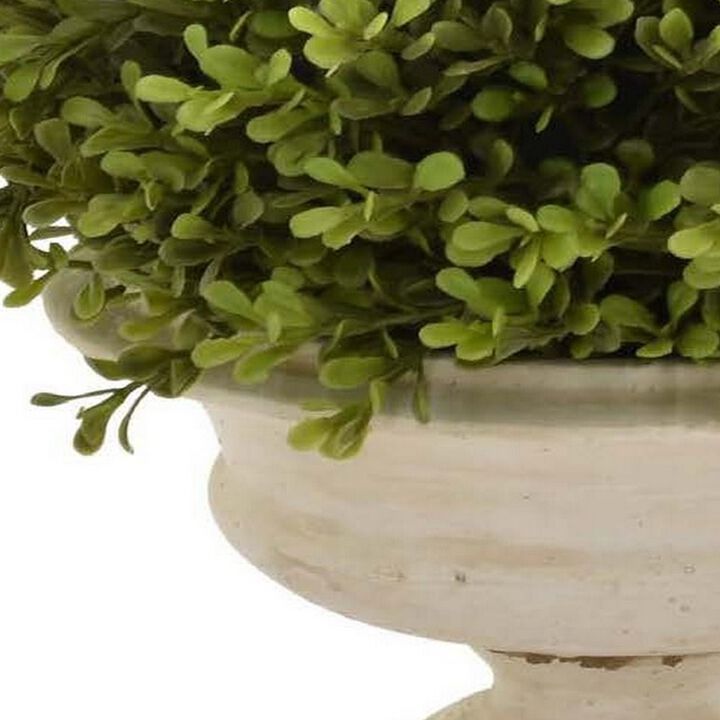 15 Inch Faux Boxwood Topiary Plant in Urn Pedestal Pot, Off White Planter - Benzara