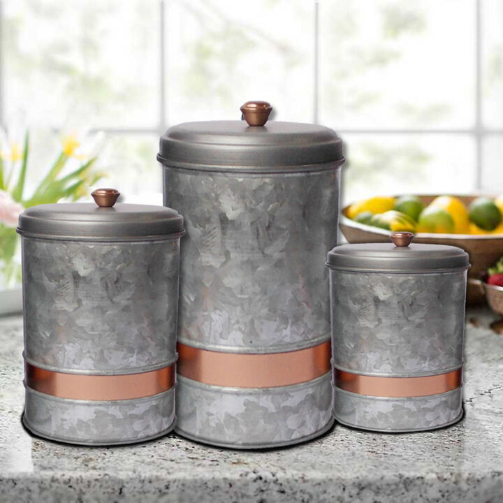 Benzara AMC0014 Galvanized Metal Lidded Canister With Copper Band, Set of Three, Gray - Benzara