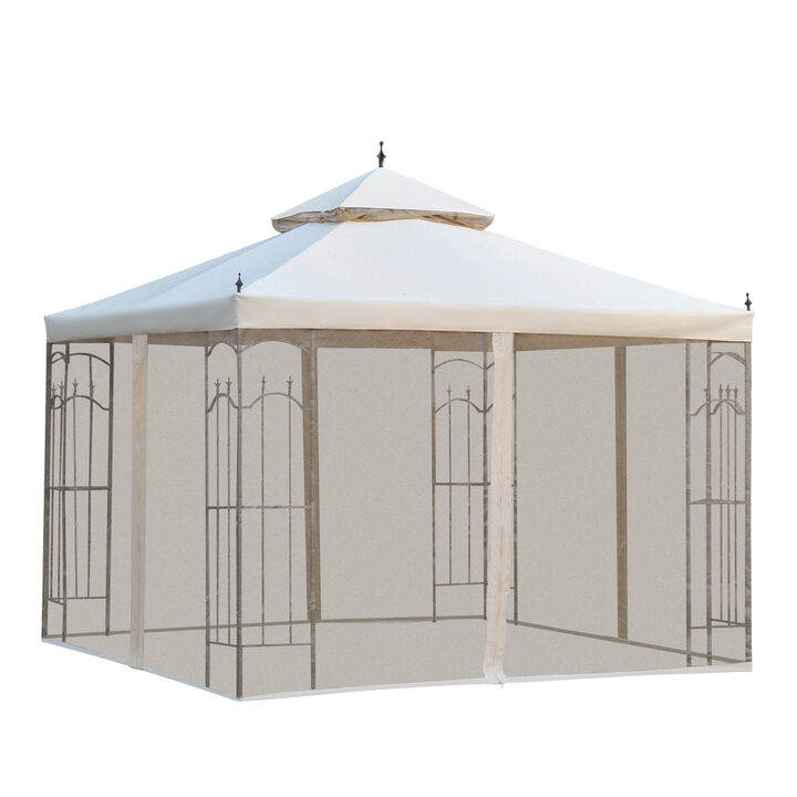 10' x 10' Steel Gazebo Outdoor Garden Canopy with Mesh Curtains, Cream White