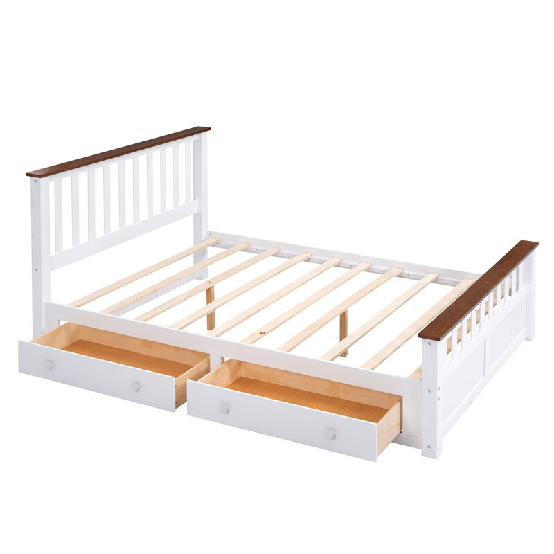 Queen Size Wood Platform Bed With Two Drawers And Wooden Slat Support