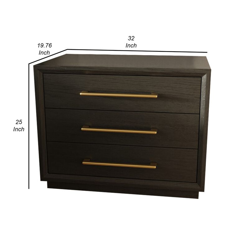 Cid Mizo 32 Inch Nightstand, 3 Drawers, Gray Solid Wood, Sturdy Plinth Base-Benzara