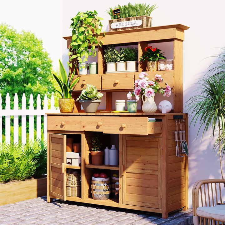 Mondawe 65.7" H Outdoor Garden Potting Workbench,Fir Wood Bench Table With Vertical Storage Shelf