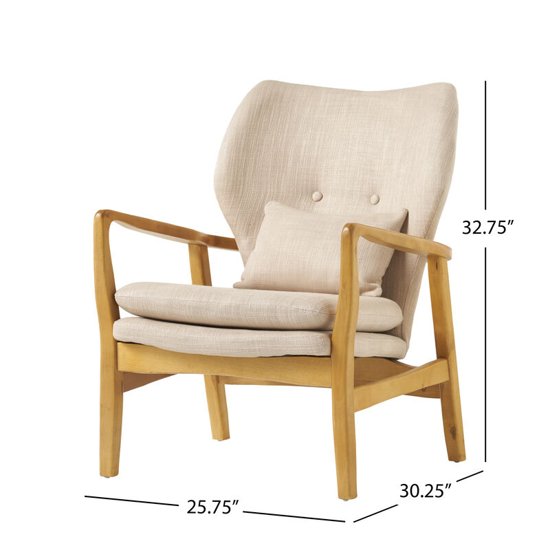 Keya Accent Chair, 1 Pillow, Beige, Button Tufted Back, Light Brown Wood - Benzara