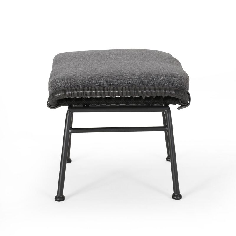 Margo Outdoor Ottoman Set of 2, 24 Inch Black Iron, Gray Cushion -Benzara