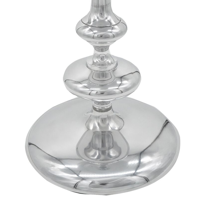 23 Inch Modern Aluminum Side Table, Round Tabletop and Base, Carved, Silver - Benzara