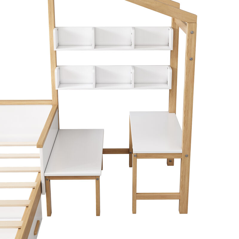 Streamdale Wooden House Bed with Desk, Drawer & Bookshelf