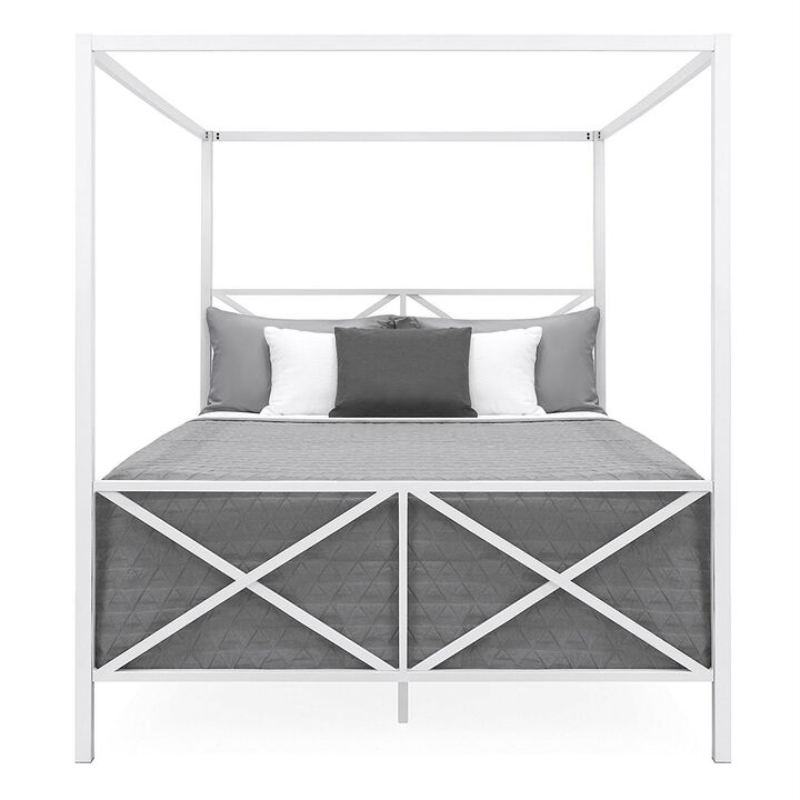 Hivvago Queen size Modern Industrial Style White Metal Canopy Bed Frame
