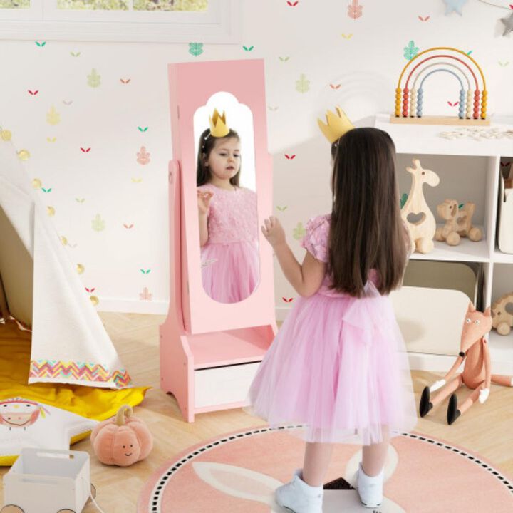 Freestanding Kids Jewelry Armoire Cabinet with Storage and 2 Tilt Angles