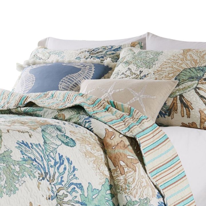 Wade 3pc King Size Quilt Set, Sham, Jade Blue Coastal Microfiber Cotton