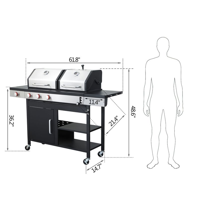 MONDAWE 3-Burner Propane Gas BBQ Grill with Side Burner, combined with charcoal grill, 37230BTU Output With Enameled Cast Iron Cooking Grids For Outdoor Barbecue, Stainless Steel
