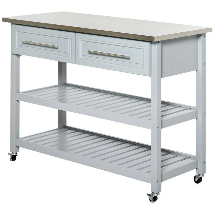Pine Wood Mobile Kitchen Island Utility Cart w/ Stainless Steel Gray