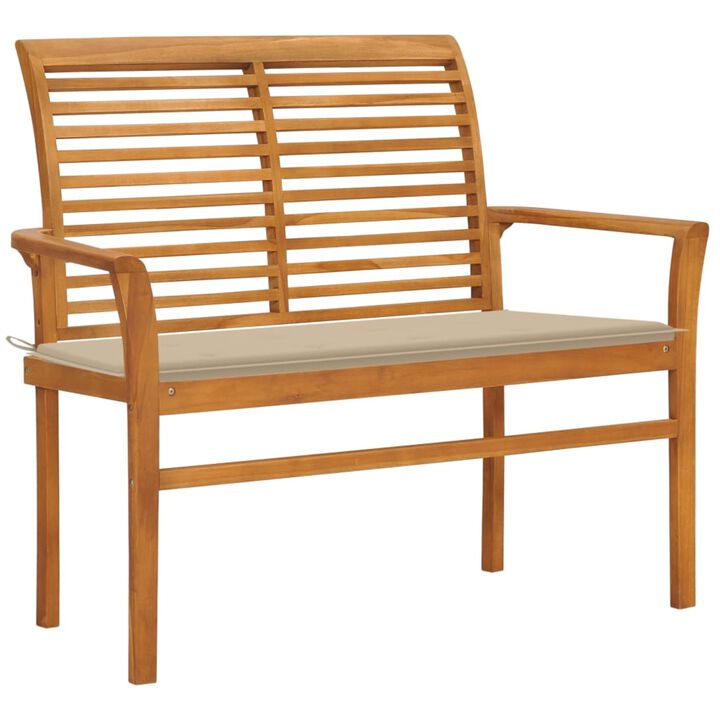 vidaXL Outdoor Patio Bench, Garden Wooden Wheel Bench with Cushion, Front Porch Chair Bench for Patio Porch Poolside Balcony, Solid Wood Teak