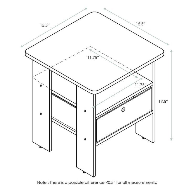 Furinno Andrey Set of 2 End Table / Side Table / Night Stand / Bedside Table with Bin Drawer, Dark Walnut