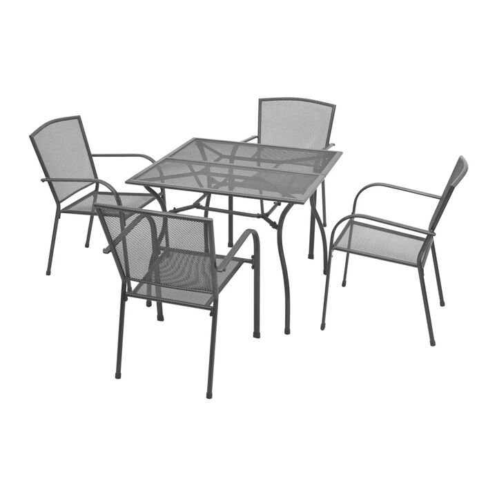 5pc Outdoor Dining Table Set, 4 Stackable Armchairs, Gray Steel Metal - Benzara