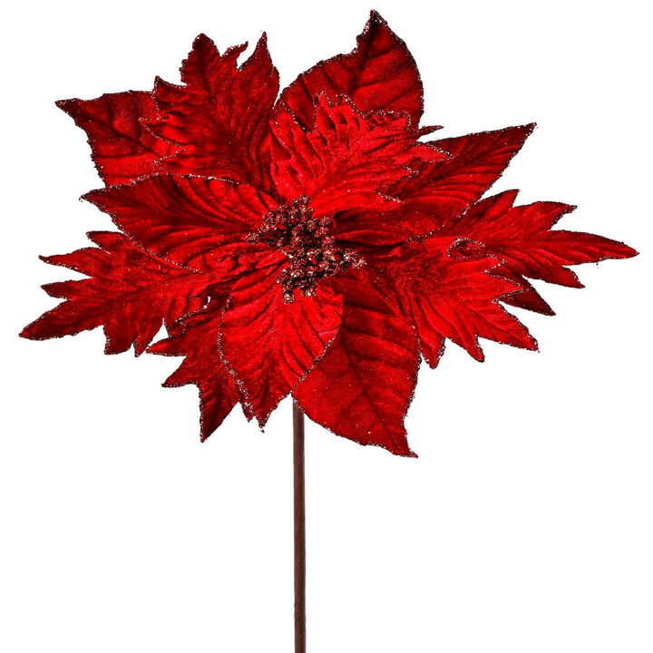 20" Red Velvet Gold Mix Glitter Poinsettia Stem (3 PCS) - Luxurious Christmas Floral Decoration