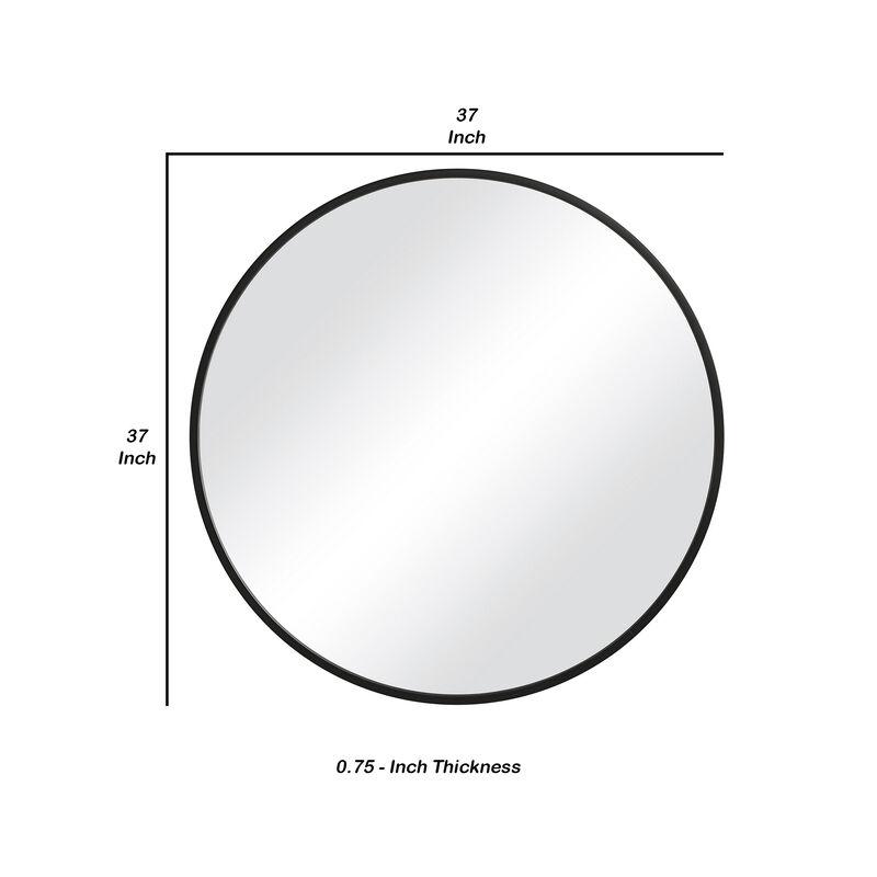 37 Inches Round Shape Sleek Frame Mirror, Black-Benzara