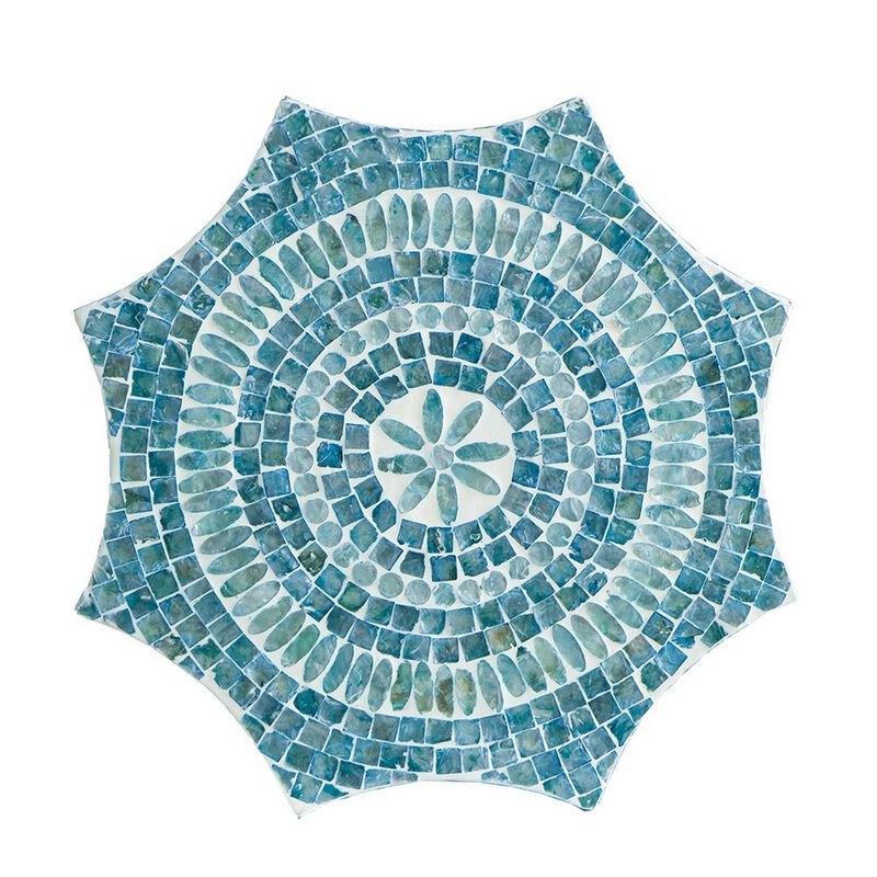 20 Inch Stool Table, Capiz Shell Inlay, Floral Geometric Design, Turquoise - Benzara