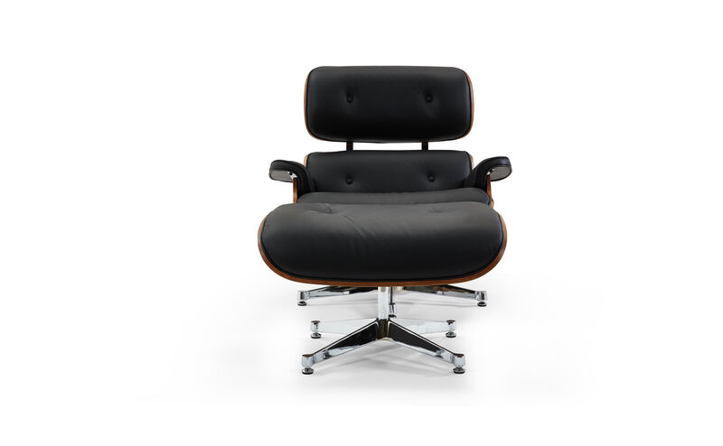 Pasargad Home Portfino Leather Lounge Chair with Ottoman (Black)