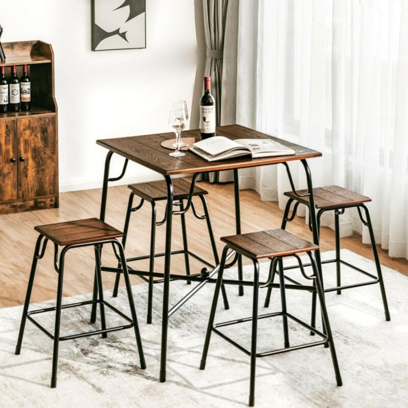 Hivvago 5 Pieces Bar Table Set with 4 Counter Height Backless Stools-Rustic Brown