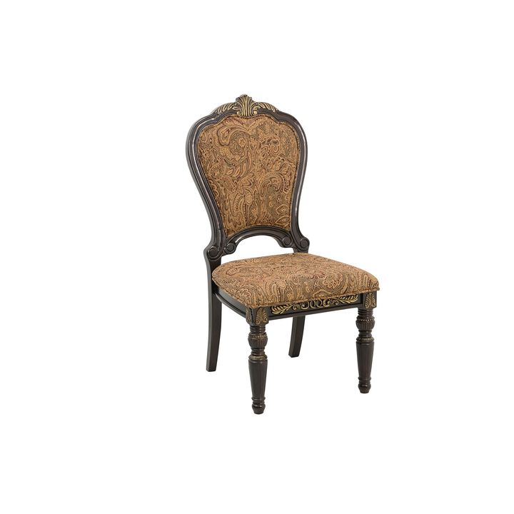 Wooden Tuscan Style Side Chair With Fabric Upholstery, Set of 2, Cherry Brown-Benzara