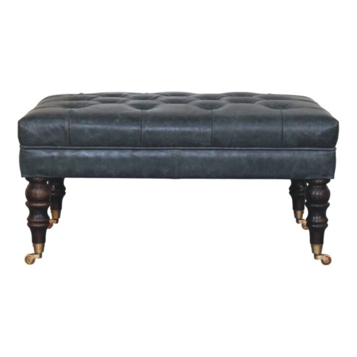 Artisan Furniture Solid Wood Leather Ottoman with Castor Legs