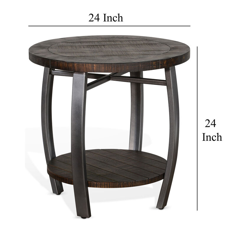 Flint Side End Table w Shelf, Barrel Shape, 24 Inch Dark Brown Round - Benzara