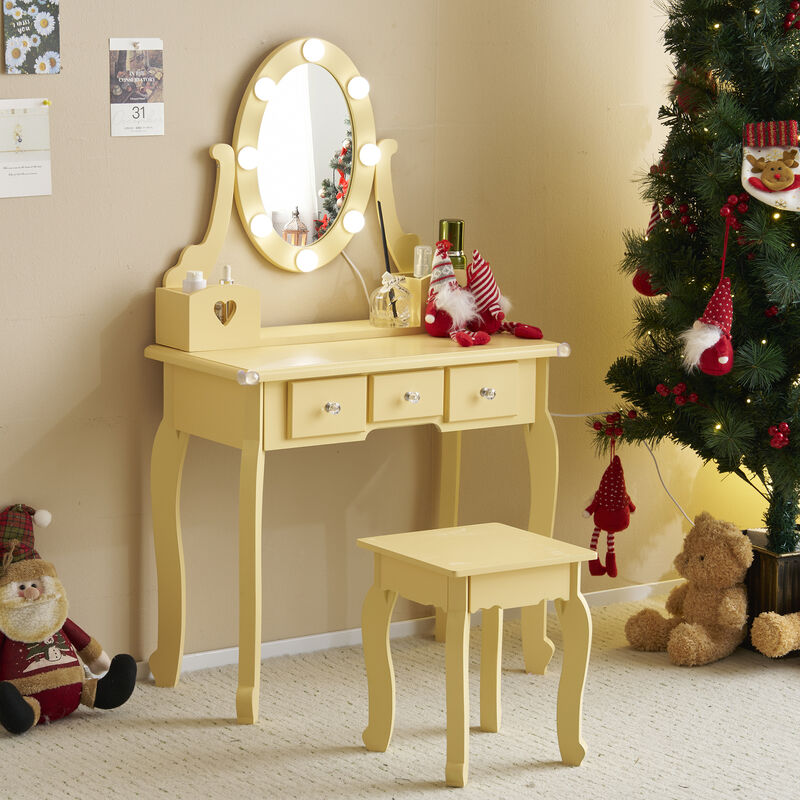 Girls Vanity Table with Mirror Lights and Stool Pretend Play Makeup Desk with Storage