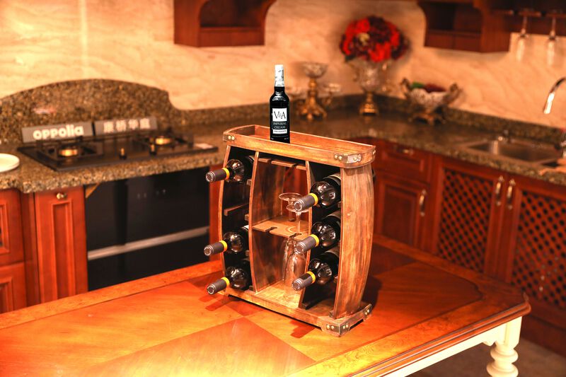 Decorative Wooden 8 Bottle Rustic Wine Rack with Glasses Holder