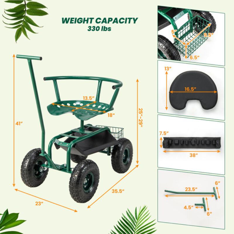 Hivvago Rolling Garden Cart with Height Adjustable Swivel Seat and Storage Basket-Green