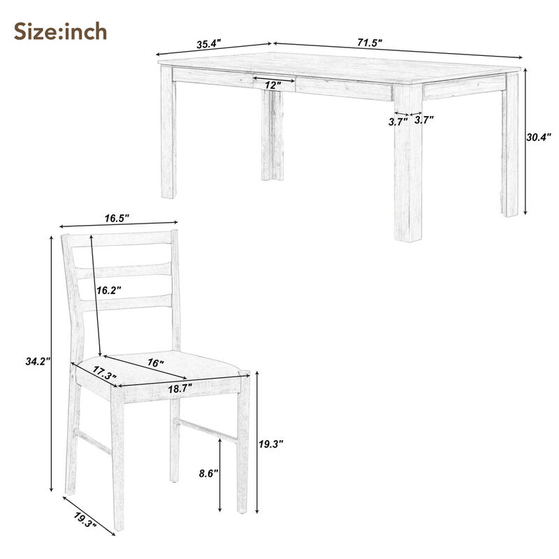 7-Piece Wooden Dining Table Set Mutifunctional Extendable Table With 12" Leaf And 2 Drawers