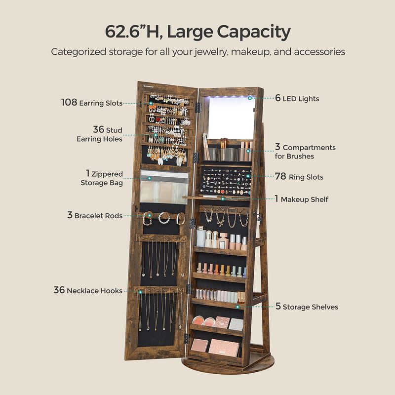 LED Mirror Jewelry Cabinet with Stand for Elegant and Functional Storage