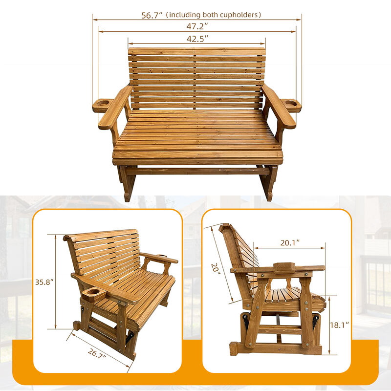 Patio Glider with Cup Holders, High Roll Back and Deep Contoured Seat, 2-Seater, Heavy Duty 800 Lb, 4 Feet (Brown 4 Ft)