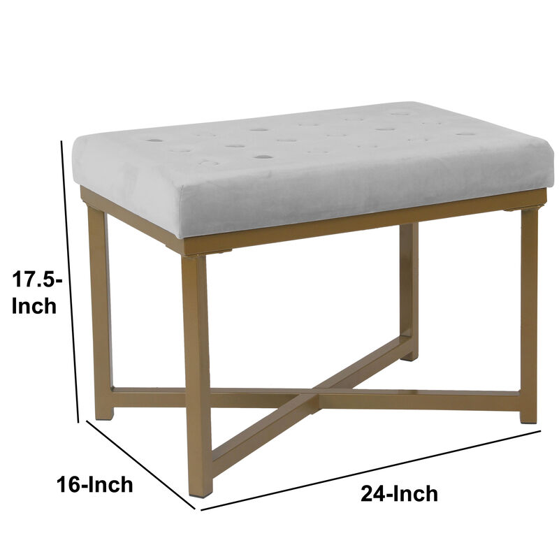 Metal Framed Ottoman with Button Tufted Velvet Upholstered Seat, Light Gray and Gold - Benzara