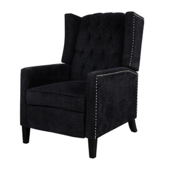 Recliner Chair with Button Tufted Pushback and Sleek Arms, Black-Benzara