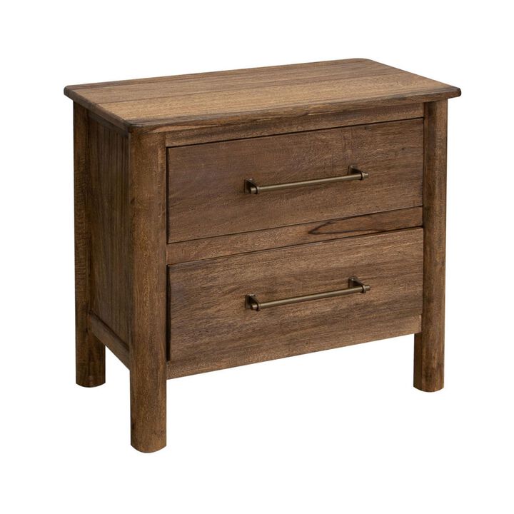 Benjara Olum 28 Inch Nightstand, 2 Drawers, Metal Handles, Solid Mango Wood, Brown and Gold