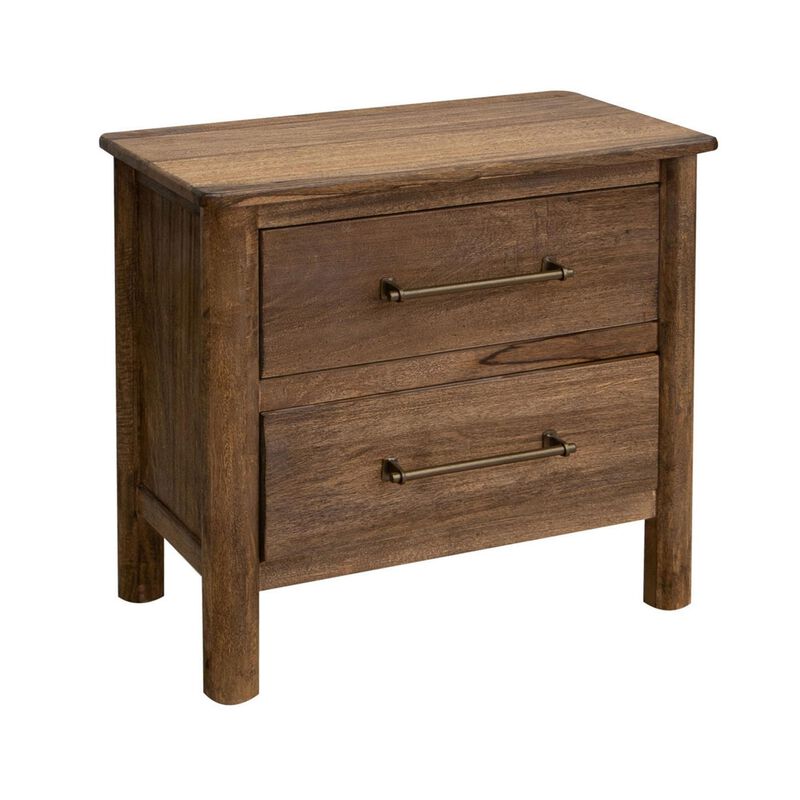 Benjara Olum 28 Inch Nightstand, 2 Drawers, Metal Handles, Solid Mango Wood, Brown and Gold
