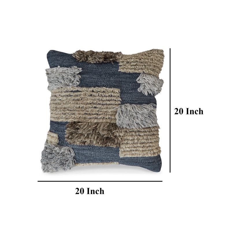 Square Accent Throw Pillow, 20 Inch Hand Knotted Patchwork, Gray Wool - Benzara
